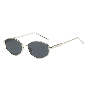Retro oval sunglasses with silver metal frame and dark gray polarized lenses for street style
