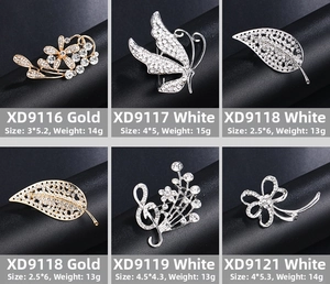 Detailed catalog of sunflower, butterfly, and leaf brooches with pearl and rhinestone inlays
