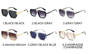 Matrix view of six vintage pilot sunglasses in black, brown, grey, and champagne colors