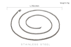 Chaîne en acier inoxydable argenté avec dimensions L760x3mm et détails de poids de 15g