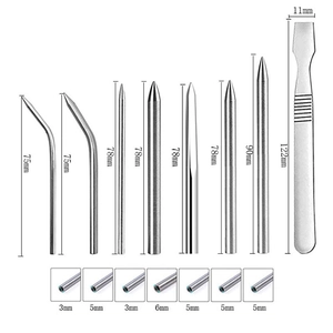 Paracord knitting needle set with steel fid tools and scraper showing size specifications