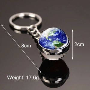 Solar system double-sided glass ball Earth keychain with silver metal ring and chain