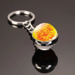 Detail view of solar system keychain with sun pattern glass dome and metal ring