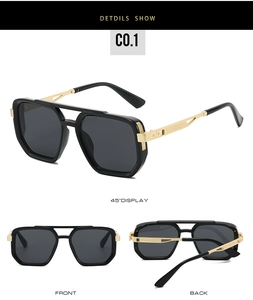 Detailed views of vintage pilot sunglasses with double bridge and gold metal temples