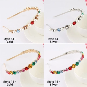Detail of rhinestone and pearl headbands with gold and silver metal floral designs