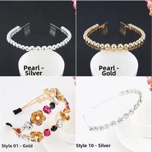 Detailed views of vintage metal headbands featuring faux pearls, crystals and floral designs