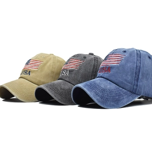 Classic washed cotton USA flag baseball caps in khaki, dark grey and blue colors