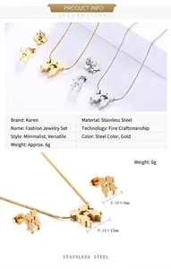 Macro view of stainless steel couple silhouette necklace and earrings with dimensions