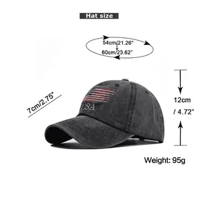 Distressed cotton USA flag baseball cap with size chart and 54-60cm head circumference
