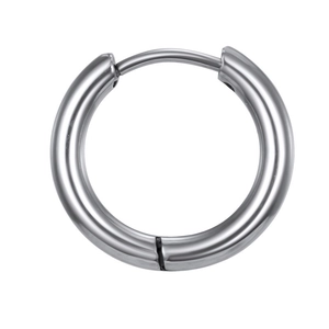 Detail of silver polished stainless steel hoop earring with invisible clasp on white background