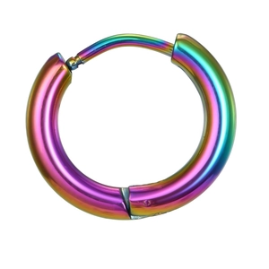 Macro shot of iridescent rainbow hoop earrings with polished metallic mirror finish