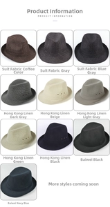 Collection de 10 couleurs et tissus pour chapeaux fedora pour hommes en vue en grille