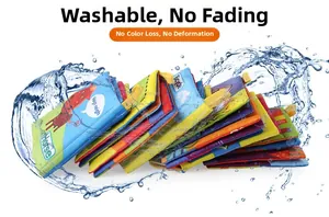 Washable infant cloth books showing water splash effect to highlight colorfast features