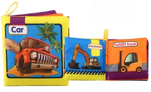 Detail of soft fabric baby book featuring vehicle series with a portable carry handle