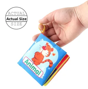 Actual size detail of a mini animal cloth book for baby early learning and sensory play