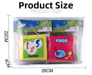Detail view of 2-pack educational baby fabric books in packaging showing 26x22x4cm dimensions