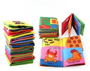 Detail view of 6 colorful soft cloth baby books showing animal and number themes