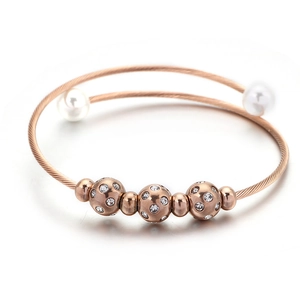Elegant Stainless Steel Bangle For Women With Shell Artificial Pearl And Zircon Inlay Open Cuff Spiral Cable Bracelet Jewelry