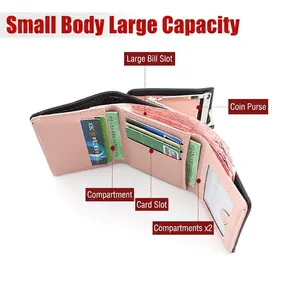 Pink short tri-fold wallet for women with card slots and coin pocket in open view