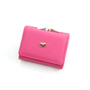 Rose pink trifold short wallet for women featuring litchi leather and gold heart clasp