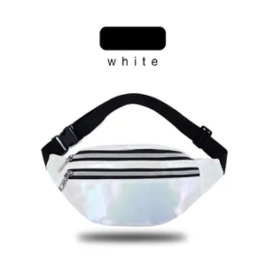 Holographic white laser fanny pack for women with adjustable strap and dual zippers