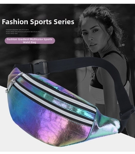 Detail of gradient laser sports waist bag with triple zippers and adjustable buckle strap