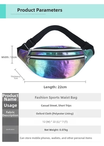 Detailed dimension guide for metallic gradient waist bag showing size and specifications