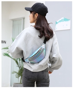 Detail view of a laser holographic waist bag in blue-purple worn on back by a model