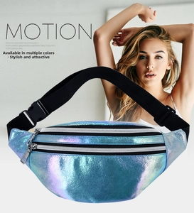 Detail of blue iridescent waist bag showing dual zippers and adjustable nylon strap
