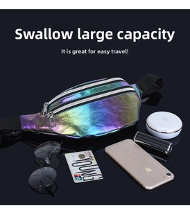 Detailed macro view showing large capacity storage of laser chest bag with shiny finish