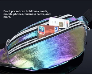 Detail view of laser holographic waist bag showing multiple zipper pockets and storage space