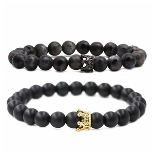 Pulsera de Cuentas de Corona Hecha a Mano para Parejas Piedra Natural Cobre Circonia Piedra Negra Mate Labradorita Joyería