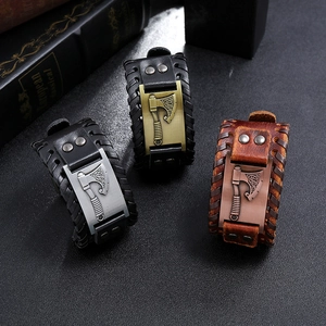 Viking axe genuine leather bracelets in black and brown with vintage braided metal charms