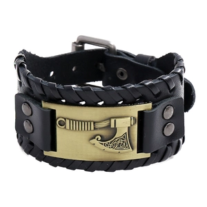 Men's vintage Viking axe leather bracelet with braided edges and brass finish buckle