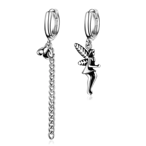 Vintage silver asymmetrical fairy earrings with a long chain flower and elf wing design