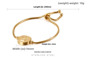 Detail of adjustable stainless steel snake chain bracelet with coin pendant and slide clasp