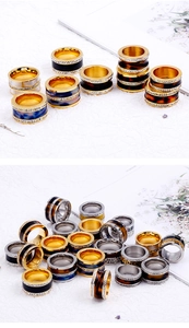 Wide stainless steel rings with colorful resin inlay and double rows of white zircons