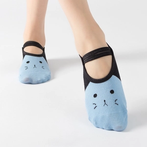 Blue and black cotton ballet yoga socks with cat pattern and elastic straps for grip