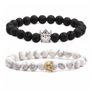 Crown beaded bracelet set with white turquoise, lava stone and tiger eye beads