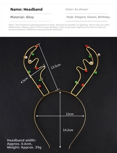 Detailed view of golden metal reindeer antler headband with festive colorful bells