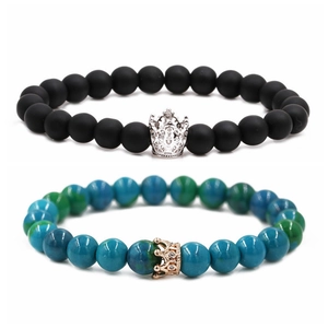 Pair of crown beaded bracelets with matte black agate and turquoise marble stones