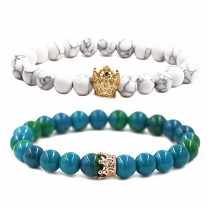 Couples crown beaded bracelets featuring white marble and blue-green phoenix stones