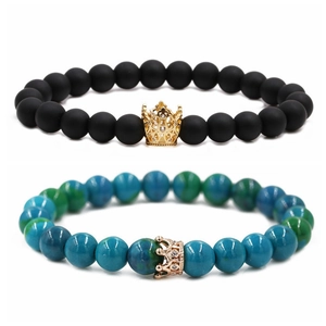 Matching couple crown bracelets with matte black beads and blue marble stone