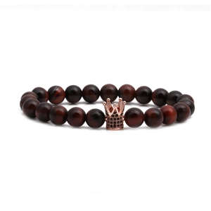 Crown bracelet with red tiger eye beads and rose gold micro-pave black zircon charm