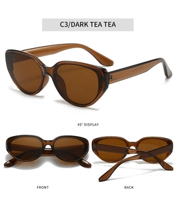 Three-way view of cat eye sunglasses in dark tea color with translucent frame