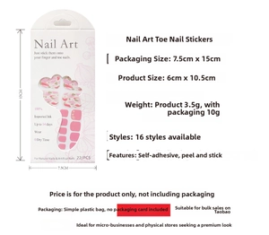 Detail of pink floral toe nail stickers with size specs and self-adhesive feature