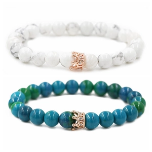 Howlite and phoenix stone beaded crown bracelets with sparkling rose gold charms