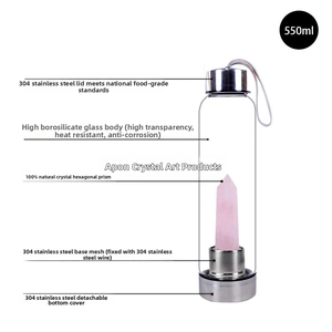 Detail showing 550ml glass bottle with natural pink crystal column and steel components