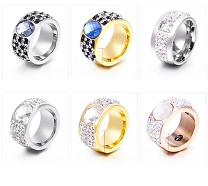 Comparison of 11mm wide stainless steel rings with crystal insets in gold and silver