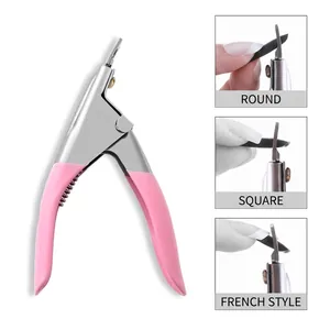 Pink U-shaped nail clipper for acrylic nails with round, square, and French cutting modes